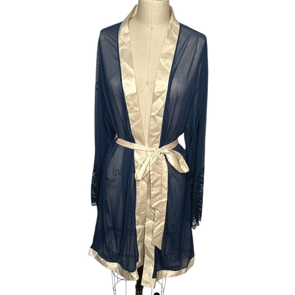 Exposed by Magic Silk Navy Ivory Lightweight Mesh W. Lace Trim Kimono Robe L/XL